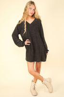 Black Acidwash Vneck Dress