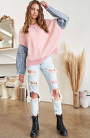 Pink Frayed Sleeve Denim Sweater