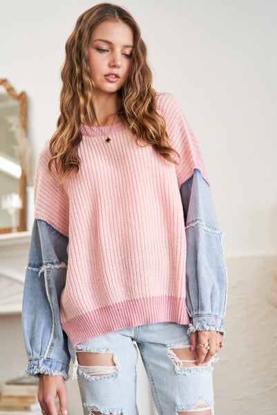 Pink Frayed Sleeve Denim Sweater