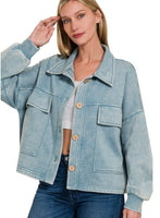 Blue Grey Acid Wash Cropped Shacket
