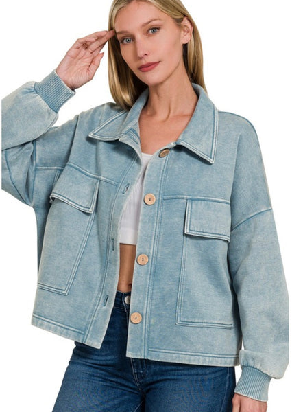 Blue Grey Acid Wash Cropped Shacket