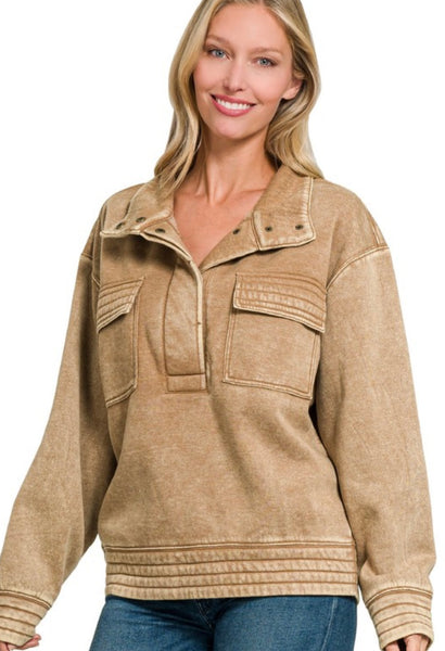 Deep Camel Acid Wash Half Snap Pullover