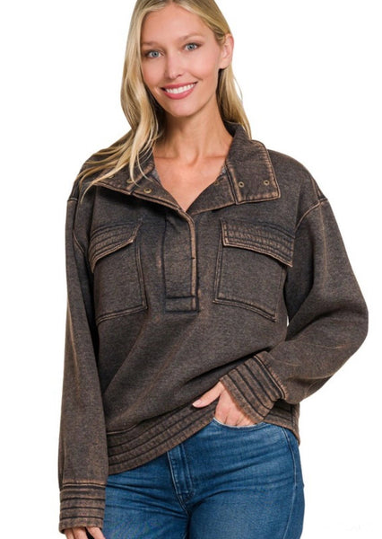 Ash Black Acid Wash Half Snap Pullover