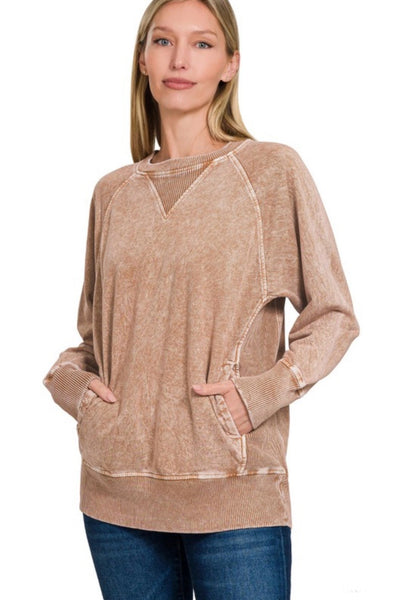 Brown Acid Wash Pullover with Pockets