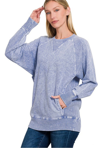 Navy Acid Wash Pullover with Pockets