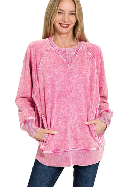 Hot Pink Acid Wash Pullover with Pockets