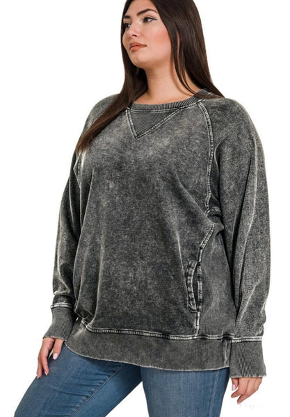 Ash Black Acid Wash Pullover with Pockets Plus