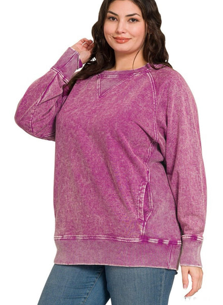 Dark Plum Acid Wash Pullover with Pockets Plus