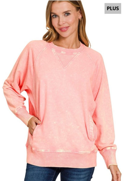 Dark Pink Acid Wash Pullover with Pockets Plus
