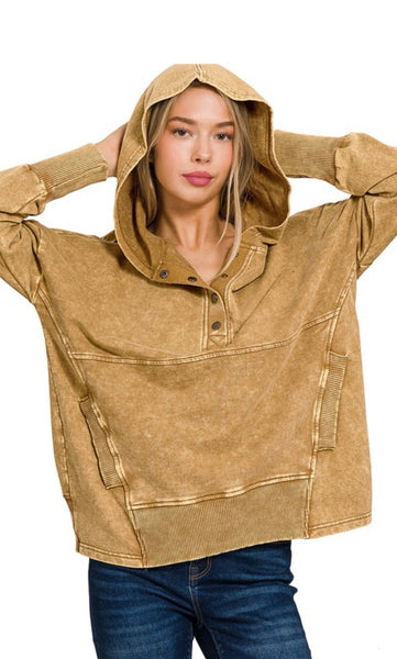 Camel Acid Wash Button Up Hoodie
