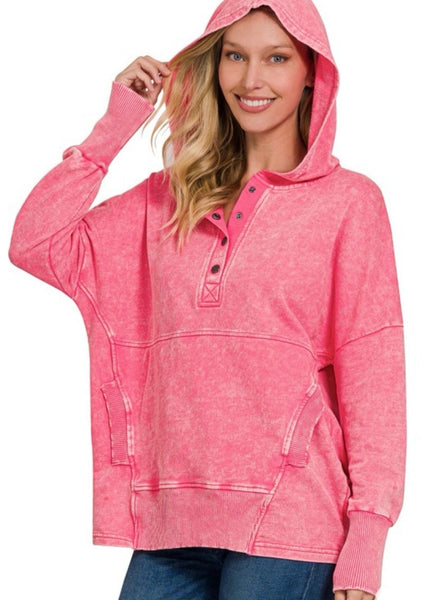 Fuchsia Acid Wash Button Up Hoodie