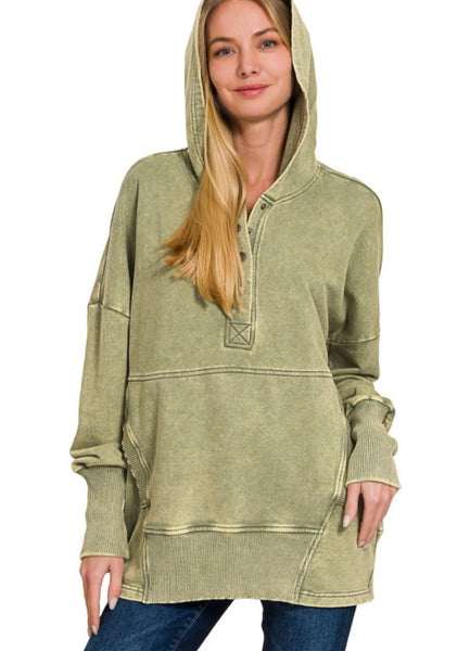 Light Olive Acid Wash Button Up Hoodie