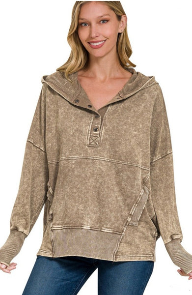 Mocha Acid Wash Button Up Hoodie