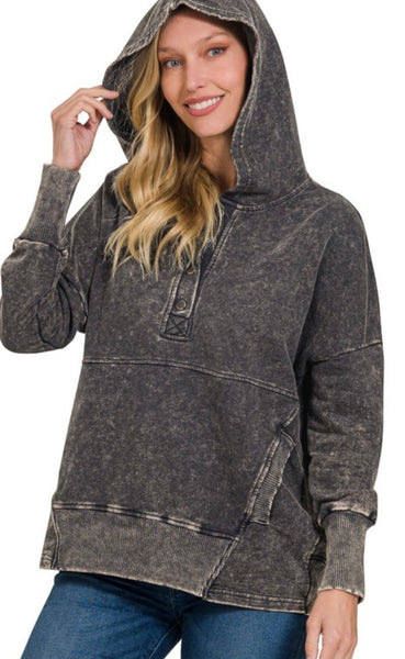Black Acid Wash Button Up Hoodie
