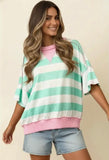 Mint and Pink Flutter Elbow Sleeve Stripe Top Plus