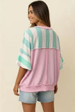 Mint and Pink Flutter Elbow Sleeve Stripe Top Plus