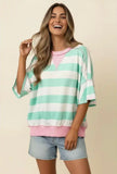 Mint and Pink Flutter Elbow Sleeve Stripe Top Plus