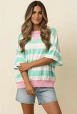 Mint and Pink Flutter Elbow Sleeve Stripe Top Plus