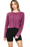 Magenta Mineral Wash Cropped Cable Knit Sweater