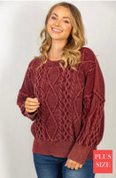 Burgundy Mineral Wash Cable Knit Sweater Plus
