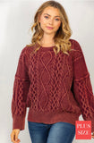 Burgundy Mineral Wash Cable Knit Sweater Plus