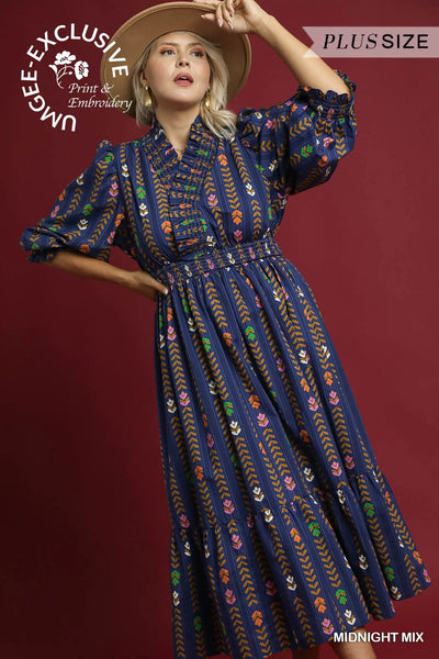 Umgee Navy Mix Print Dress Plus
