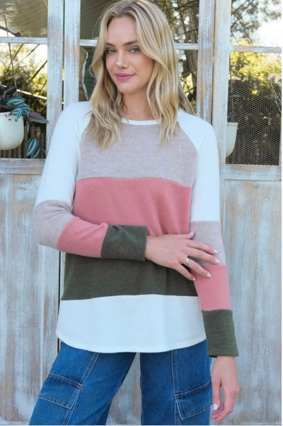 Ivory Pink and Green Colorblock Sweater