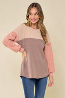Tan, Chocolate, and Coral Ribbed Colorblock Top