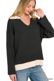 Zenana Black Collared VNeck Sweater (Small to 3X)