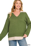 Zenana Army Green Collared VNeck Sweater