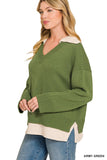 Zenana Army Green Collared VNeck Sweater