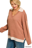 Zenana Lt Mahogany Collared VNeck Sweater Plus