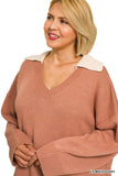 Zenana Lt Mahogany Collared VNeck Sweater Plus