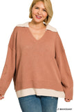 Zenana Lt Mahogany Collared VNeck Sweater Plus