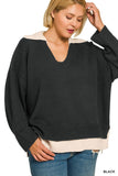 Zenana Black Collared VNeck Sweater (Small to 3X)