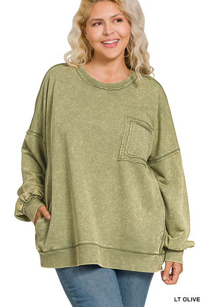 Lt Olive Acid Wash Pullover Plus
