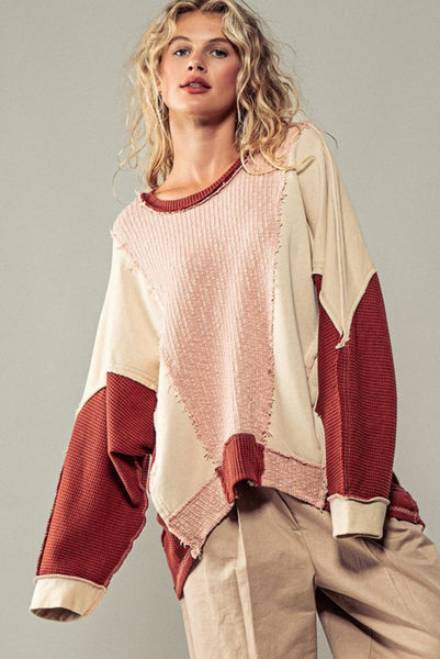 Rust, Ivory and Pink Textured Pullover