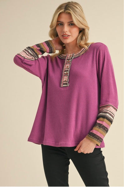 Magenta Ribbed Knit Henley Top