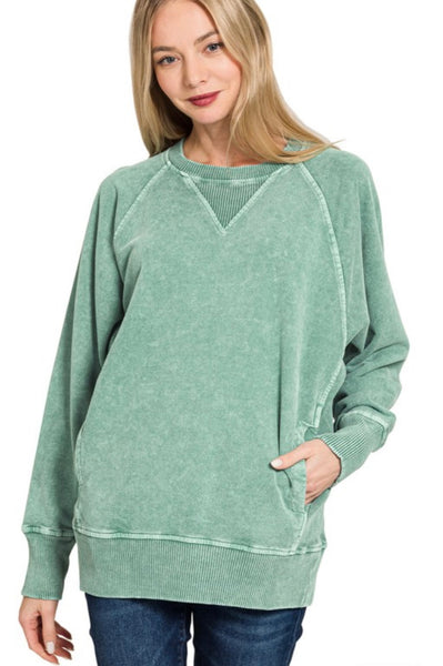 Green Acid Wash Pullover with Pockets