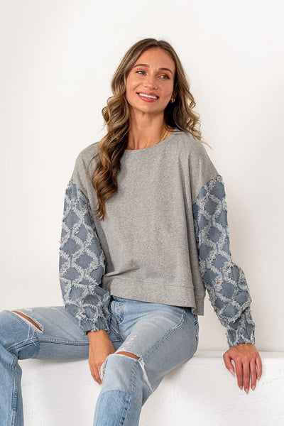 Gray Rhinestone Denim Sleeve Top