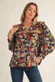 Black and Camel Floral Ruffle Top