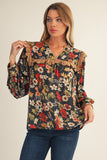 Black and Camel Floral Ruffle Top