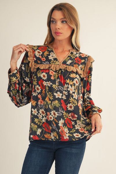 Black and Camel Floral Ruffle Top