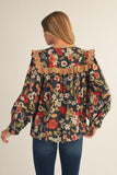 Black and Camel Floral Ruffle Top