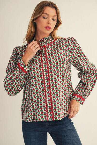 Ivory Red Floral Trim Top