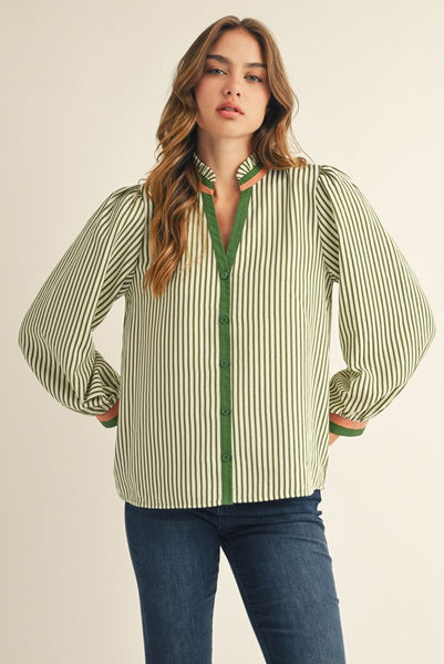 Olive Striped Ruffle Neck Top