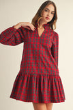 Red Plaid Ruffle Neckline Dress