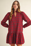 Red Plaid Ruffle Neckline Dress