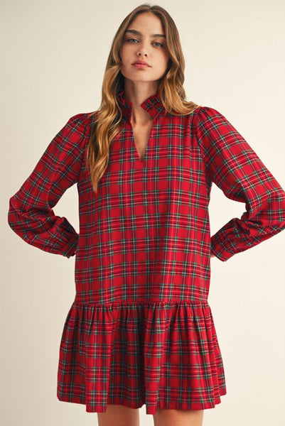 Red Plaid Ruffle Neckline Dress