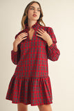 Red Plaid Ruffle Neckline Dress